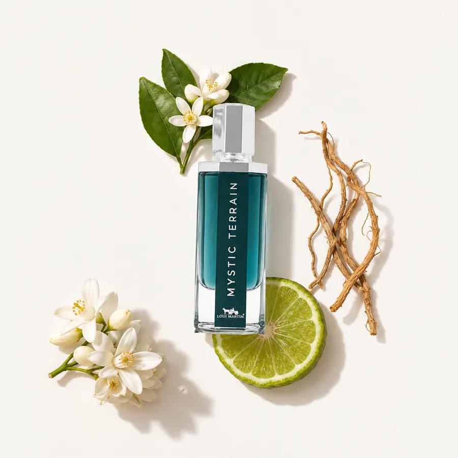 Loui Martin Mystic Terrain bottle with orange blossom, a bergamot slice and dried roots